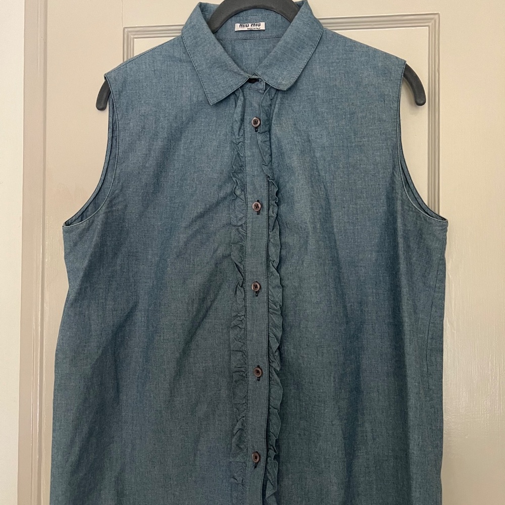 Miu Miu Blue Denim Chambray Sleeveless Top Blouse Shirt